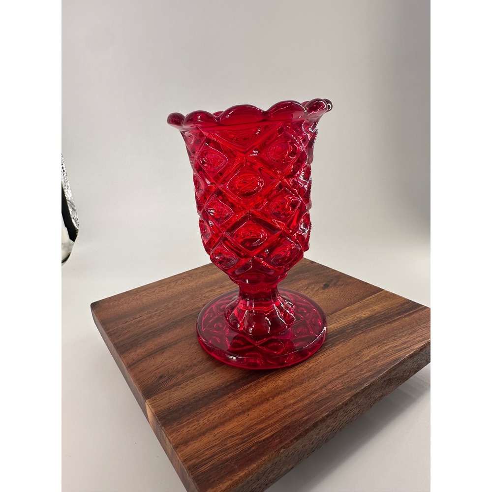 Vintage Ruby Red Glass Vase Diamond Point Scalloped Footed Pedestal 6 Inch